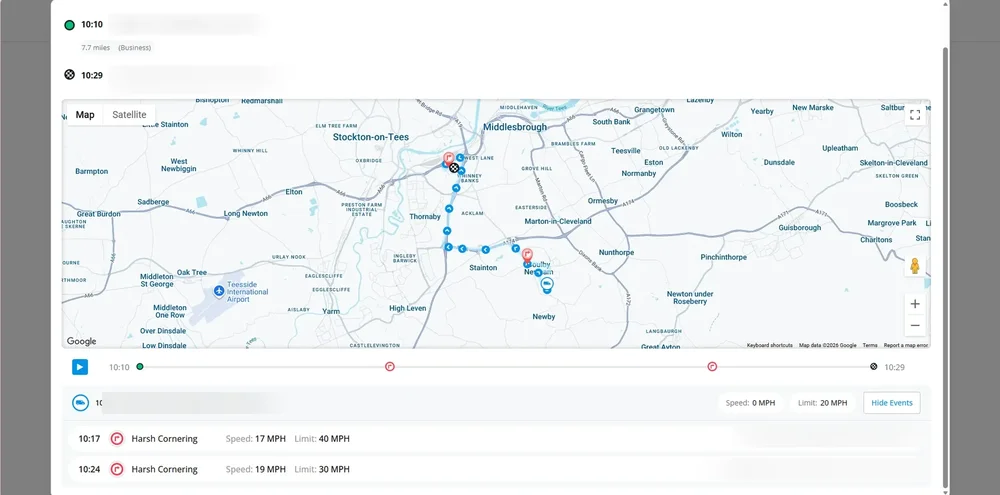 Vatio Platform trip history showing a recorded journey with its route map, playback timeline and harsh cornering events